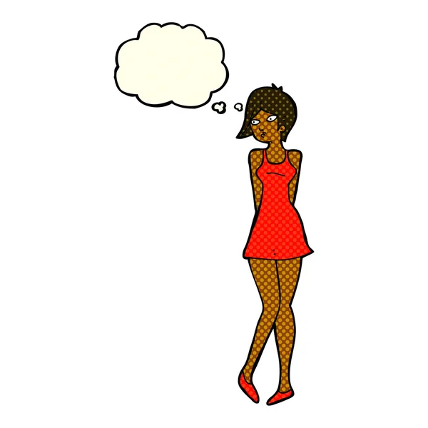 Karikatur hübsche Frau im Kleid mit Gedankenblase — Stockvektor