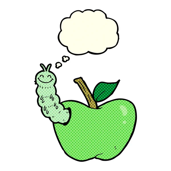Cartoon-Apfel mit Käfer mit Gedankenblase — Stockvektor