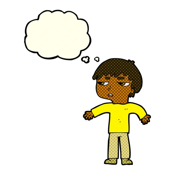 Desenho animado irritado menino com pensamento bolha — Vetor de Stock
