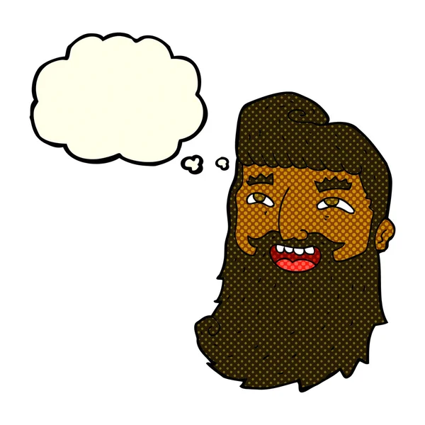 Hombre de dibujos animados con barba riendo con burbuja de pensamiento — Vector de stock