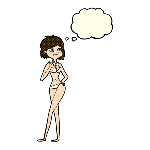 Mujer de dibujos animados en bikini con burbuja de pensamiento — Vector de stock