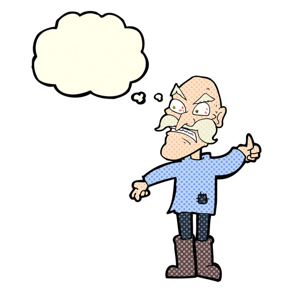 Kreslený naštvaný starý muž v záplatované oblečení s myšlenkovou bublinou — Stockový vektor