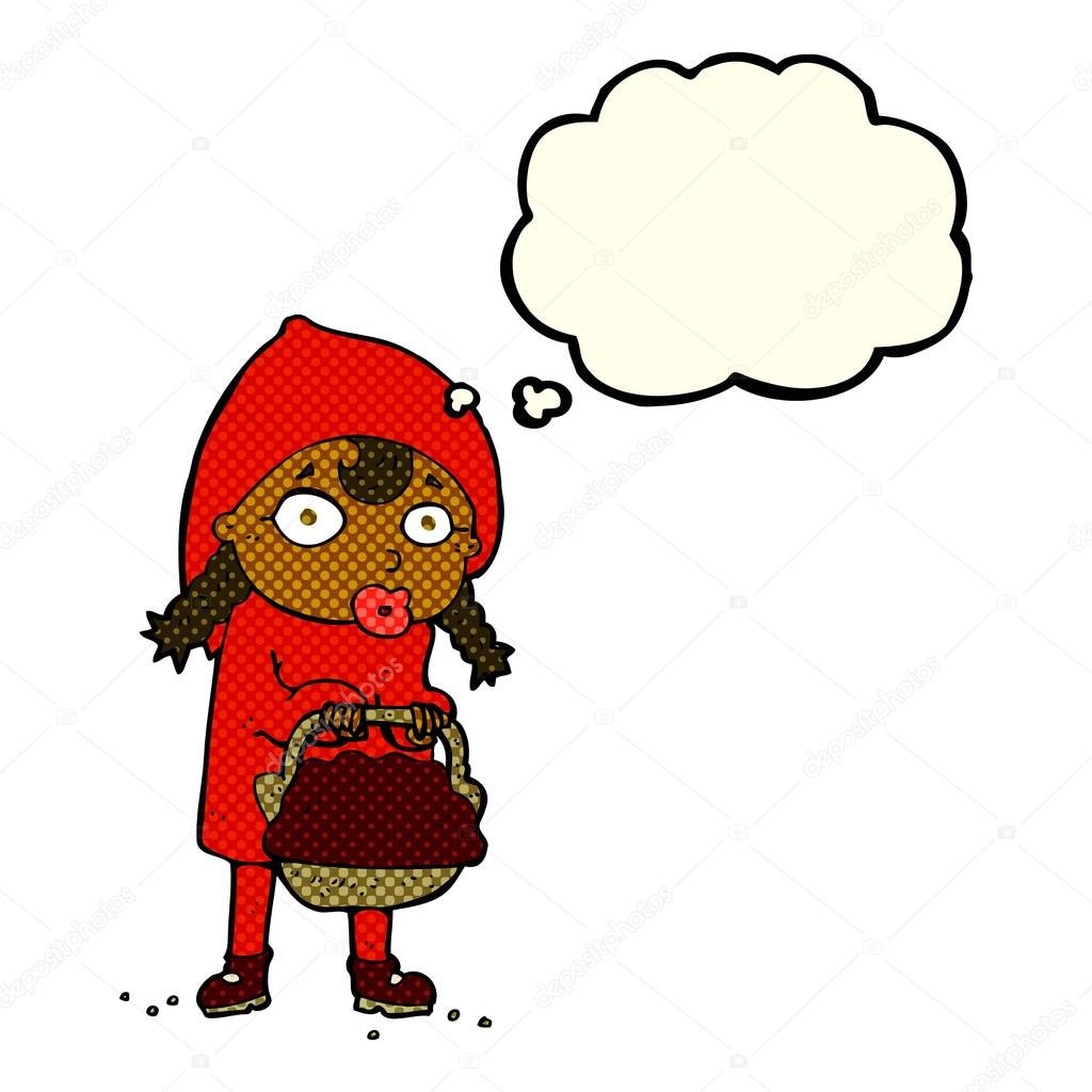 Petit chaperon rouge capuche dessin animé avec bulle de pensée — Image vectorielle