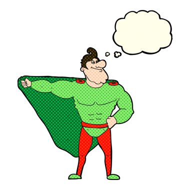 Düşünce baloncuğu olan komik bir süper kahraman.
