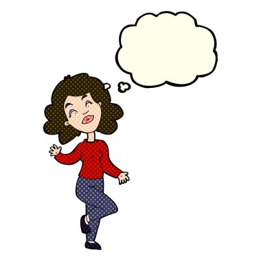 Düşünce baloncuğuyla dans eden mutlu kadın çizgi filmi