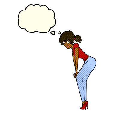 Düşünce baloncuğuyla poz veren çizgi film kadını