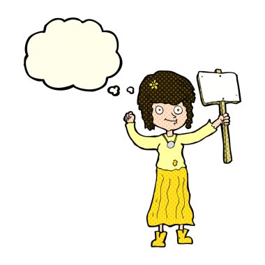 Karikatür hippi kız protesto işareti ve düşünce kabarcığı