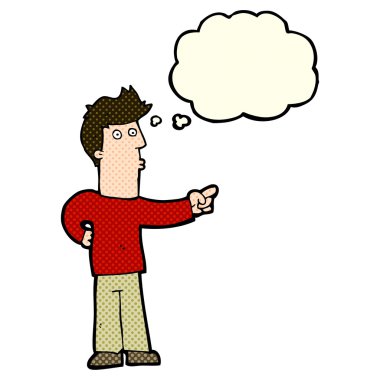 Çizgi film meraklısı adam düşünce balonunu işaret ediyor