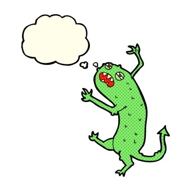 Düşünce baloncuklu küçük canavar.