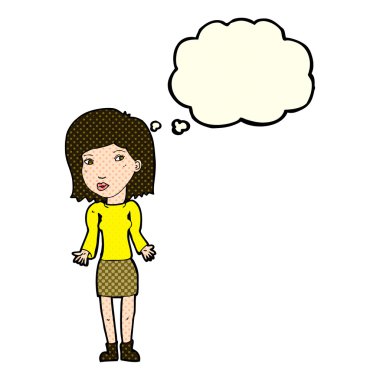 Çizgi filmdeki kadın düşünce balonuyla omuz silkiyor.
