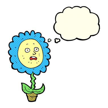 Yüzünde düşünce kabarcığı olan karikatür çiçeği