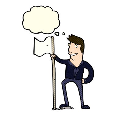 Düşünce baloncuğu ile bayrak diken çizgi film adamı