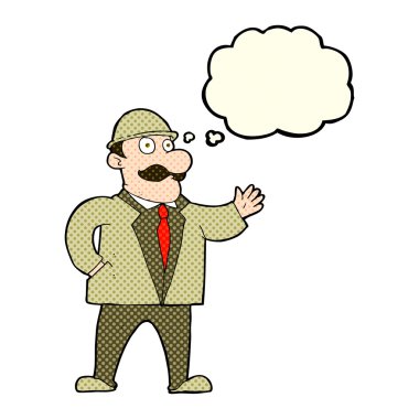 Düşünce baloncuklu melon şapkalı duyarlı iş adamı.