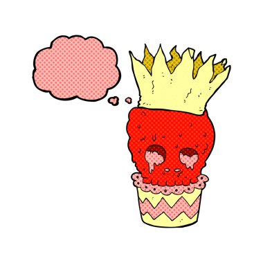 Düşünce baloncuklu ürkütücü kafatası kek çizgi filmi