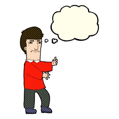Düşünce baloncuğu olan huysuz bir adam.