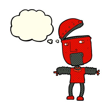 Düşünce baloncuğu ile açık kafalı komik çizgi film robotu