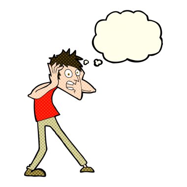 Düşünce baloncuğuyla panikleyen çizgi film adamı.