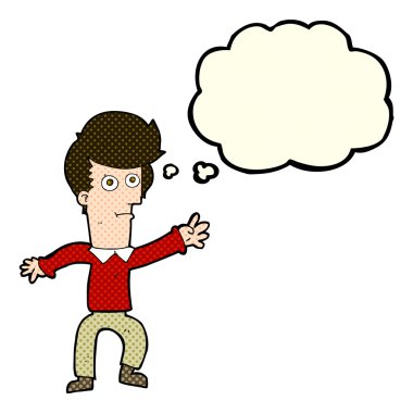 Düşünce baloncuğuyla el sallayan çizgi film adamı.