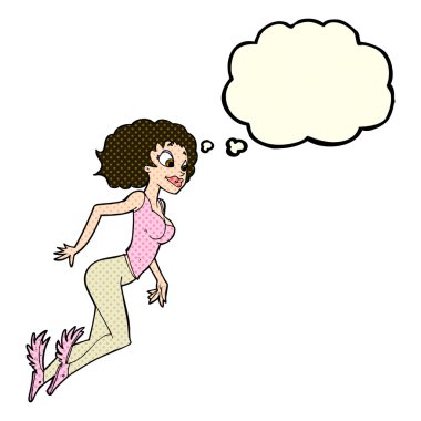 Düşünce baloncuğu olan uçan kadın.