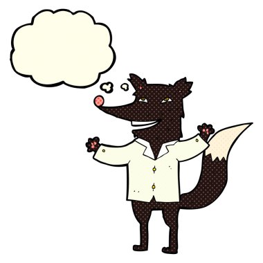 Düşünce baloncuklu tişört giyen mutlu kurt.