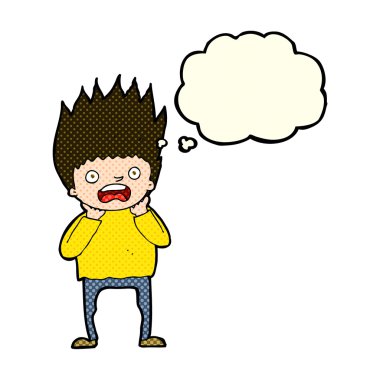 Düşünce baloncuğuyla panikleyen çizgi film adamı.