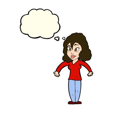Çizgi filmdeki kadın düşünce balonuyla omuz silkiyor.