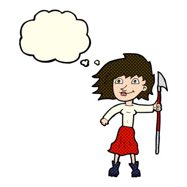 Düşünce baloncuklu mızraklı çizgi film kadını.