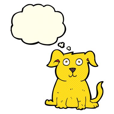 Düşünce baloncuklu mutlu bir köpek.