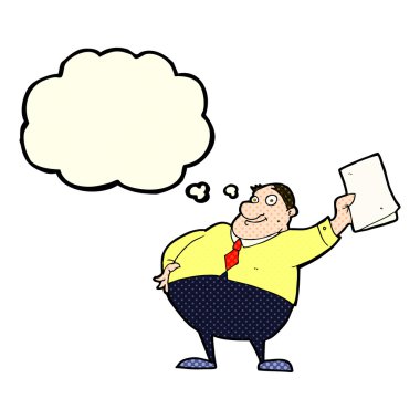 Çizgi film patronu düşünce balonuyla kağıtları sallıyor.