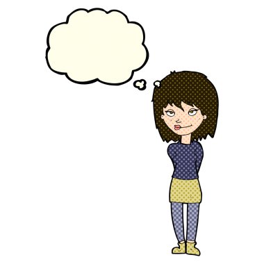 Düşünce baloncuğu olan mutlu çizgi film kadını