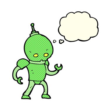 Düşünce baloncuklu uzaylı robot.
