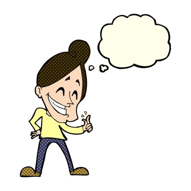 Düşünce baloncuğuyla parmaklarını şaklatan çizgi film adamı.