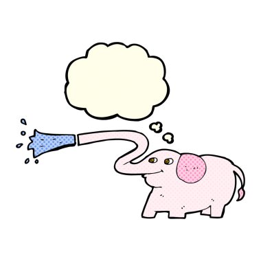 Düşünce kabarcığıyla su fışkırtan çizgi film fili.