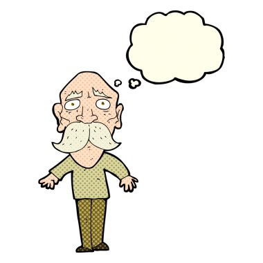 Düşünce baloncuğu olan üzgün yaşlı bir adam.