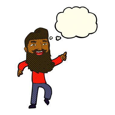 Çizgi filmdeki sakallı adam gülüyor ve düşünce balonuyla işaret ediyor.