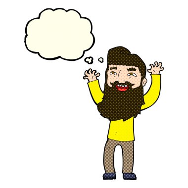 çizgi film mutlu sakallı adam düşünce baloncuğuyla kollarını sallıyor