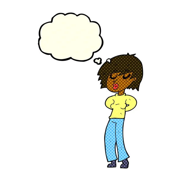 思考バブルで口笛を吹く漫画の女性 — ストックベクタ