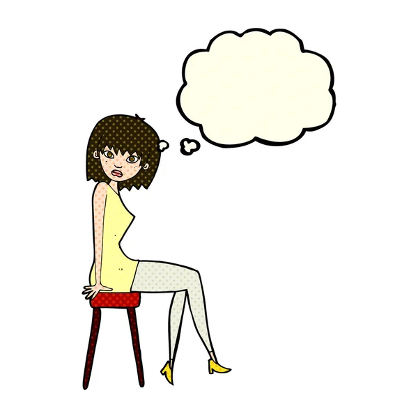 Cartoon woman sitting on stool with thought bubble — Stock Vector