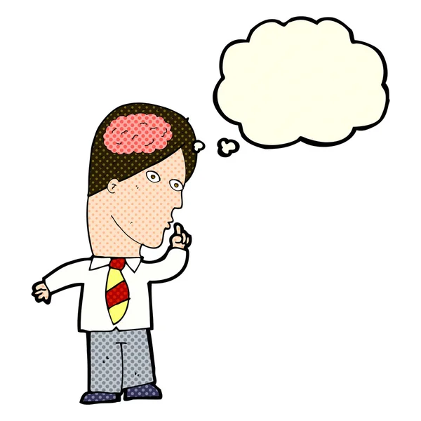 Homme d'affaires dessin animé avec énorme cerveau avec bulle de pensée — Image vectorielle