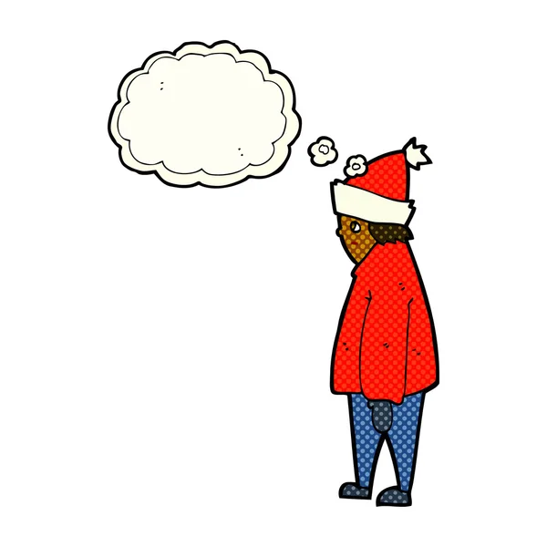 Persona de dibujos animados en ropa de invierno con burbuja de pensamiento — Vector de stock