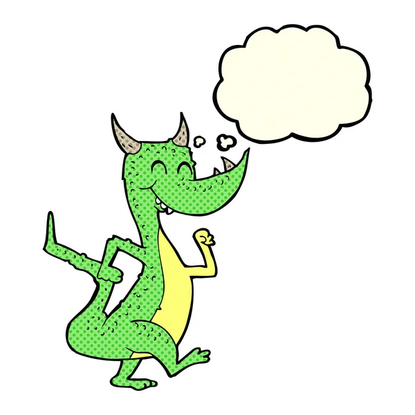 Desenho animado dragão feliz com bolha de pensamento — Vetor de Stock