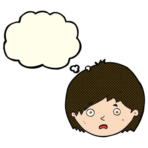 Dibujos animados niño infeliz con burbuja de pensamiento — Vector de stock