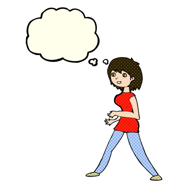Mujer de dibujos animados caminando con burbuja de pensamiento — Vector de stock