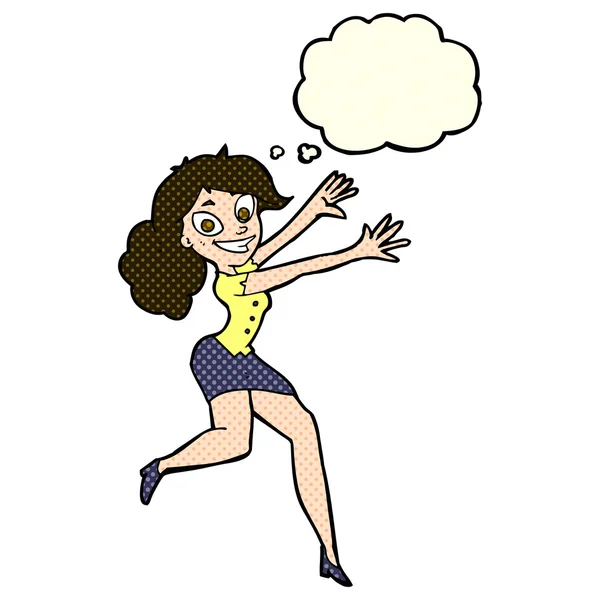 Cartoon happy woman jumping with thought bubble — Stock Vector