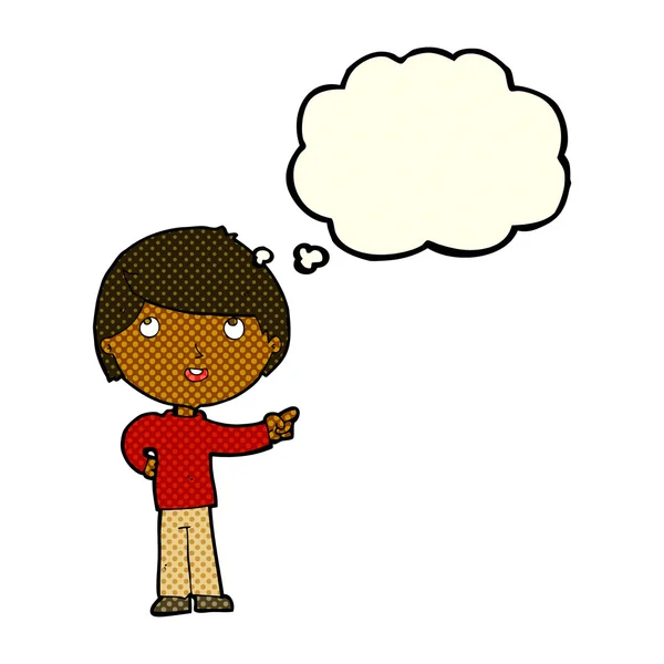Dessin animé garçon pointant avec bulle de pensée — Image vectorielle
