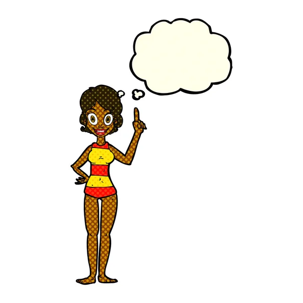 Mujer de dibujos animados en traje de baño a rayas con burbuja de pensamiento — Vector de stock