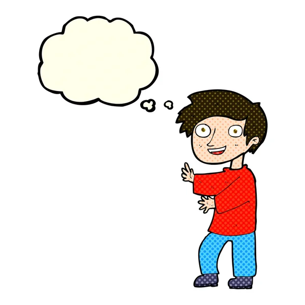 Dibujos animados chico emocionado con burbuja de pensamiento — Vector de stock