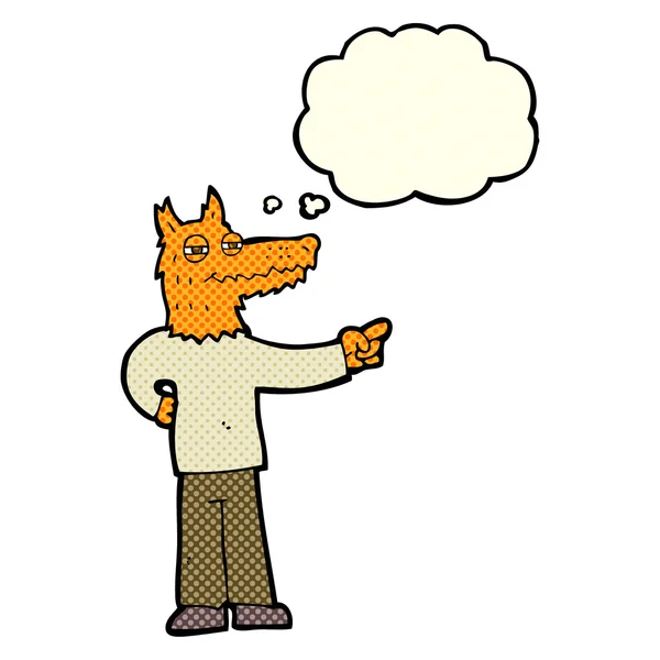 Kreslený ukazující fox muž s myšlenkou bublina — Stockový vektor