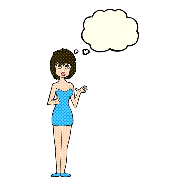 Karikatur verwirrt Frau im Cocktailkleid mit Gedankenblase — Stockvektor
