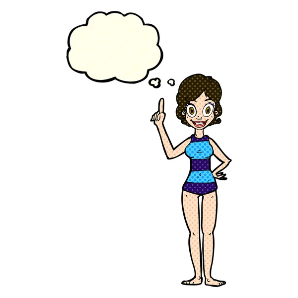 Mujer de dibujos animados en traje de baño a rayas con burbuja de pensamiento — Vector de stock